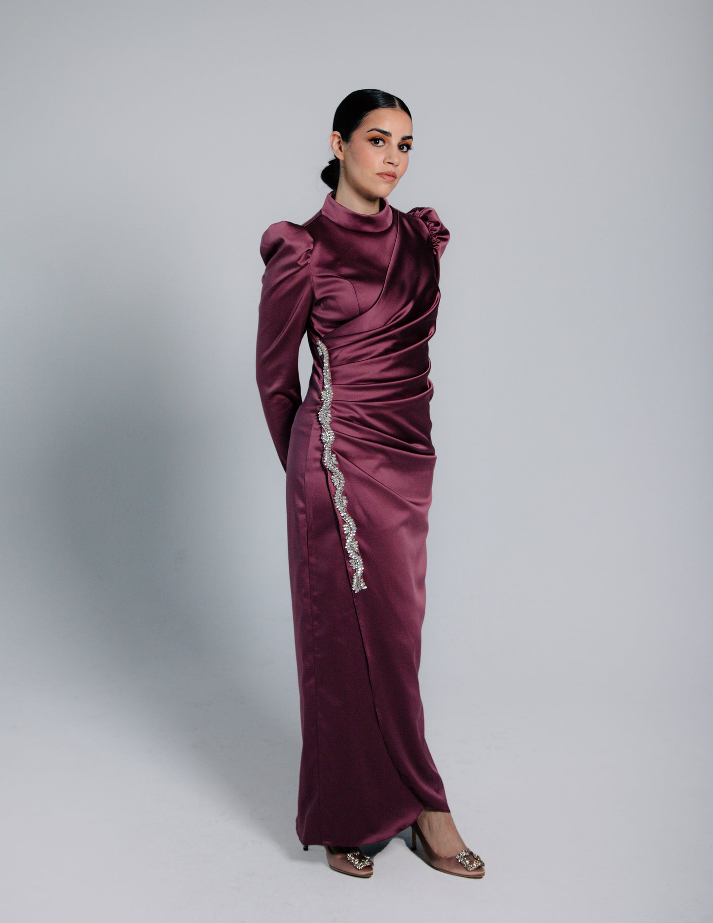 Modest Mira Rouched Satin Dress - Dusty Rose