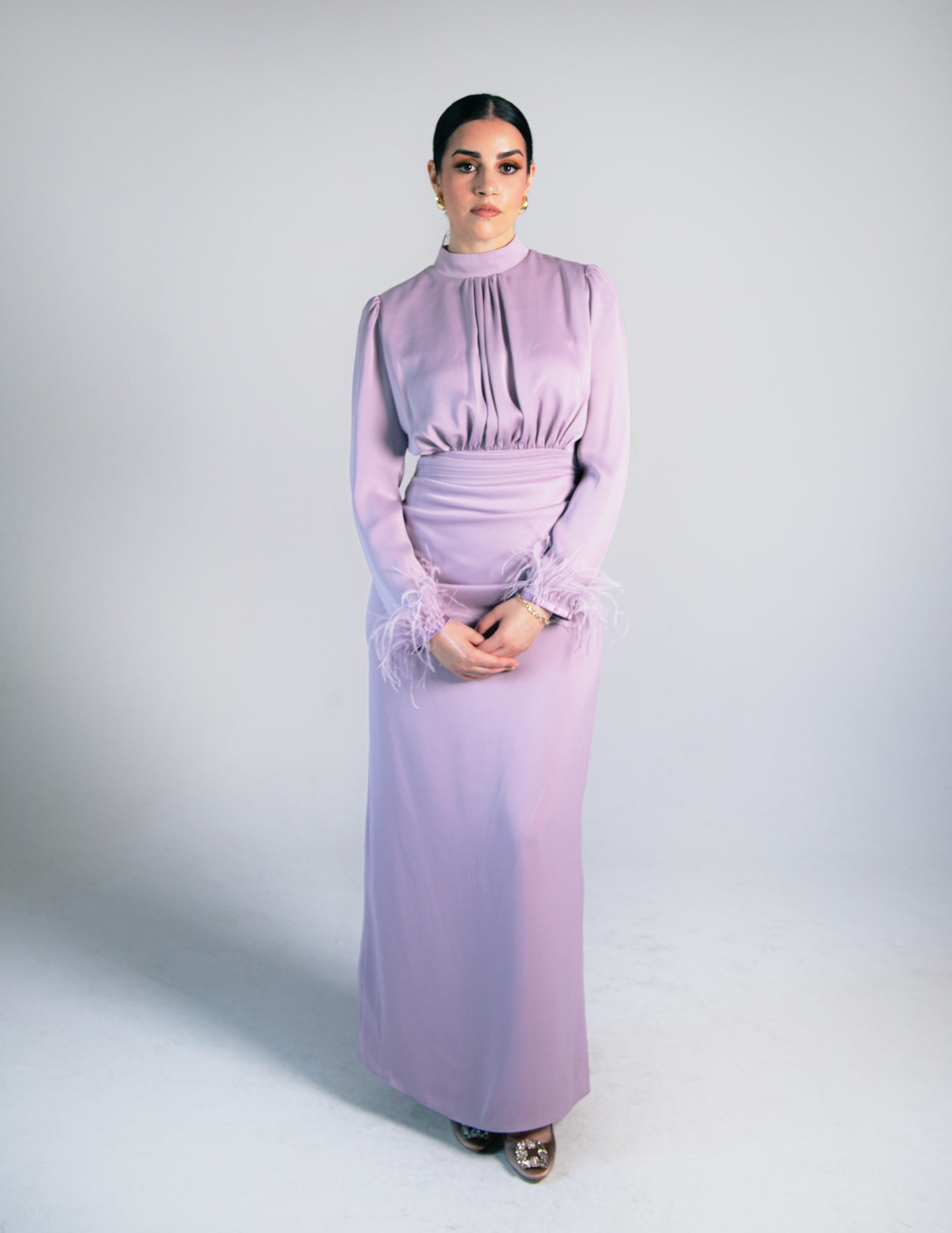 Modest Nora Feather Satin Maxi Dress - Lilac