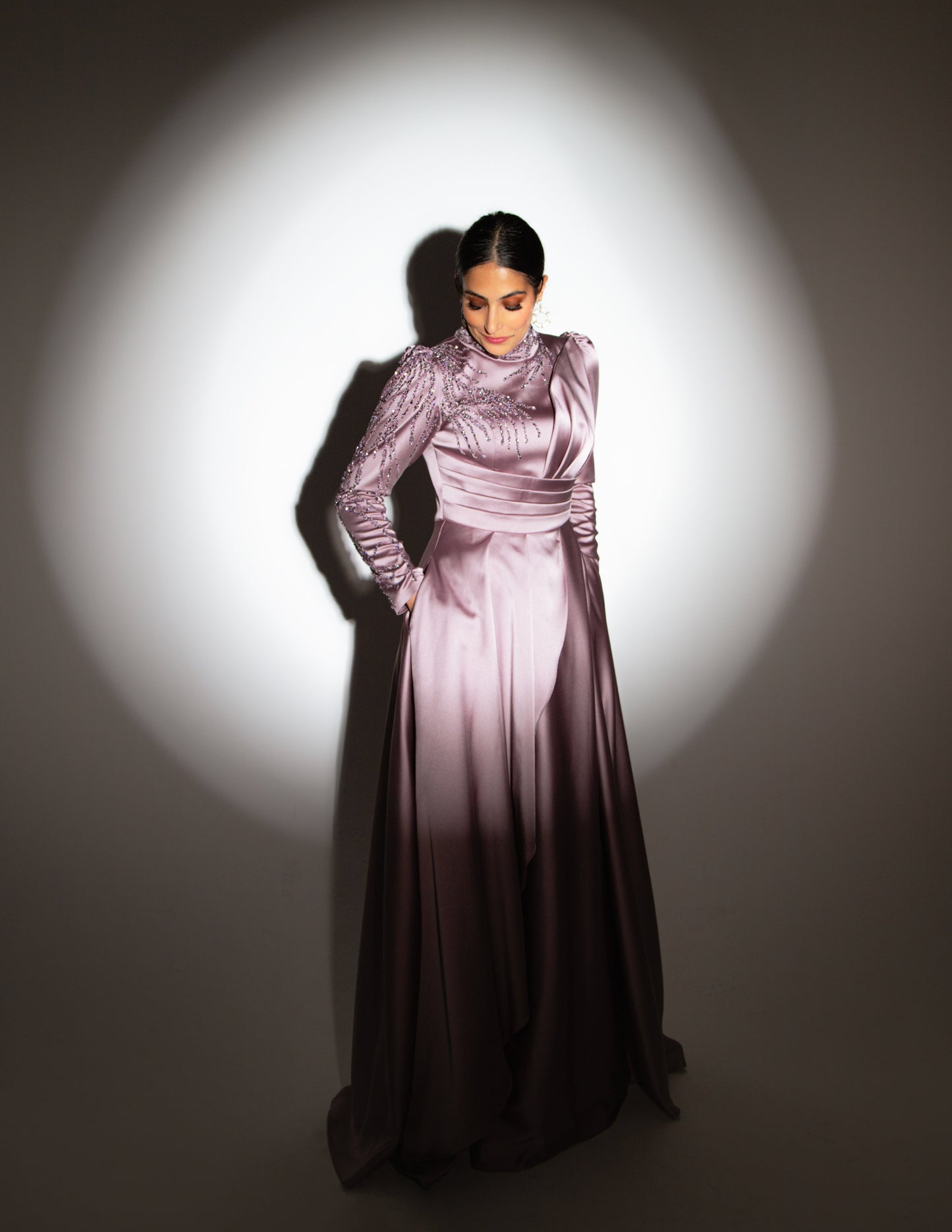 Modest Yasmina Jewelled Satin Gown - Lavender Rose