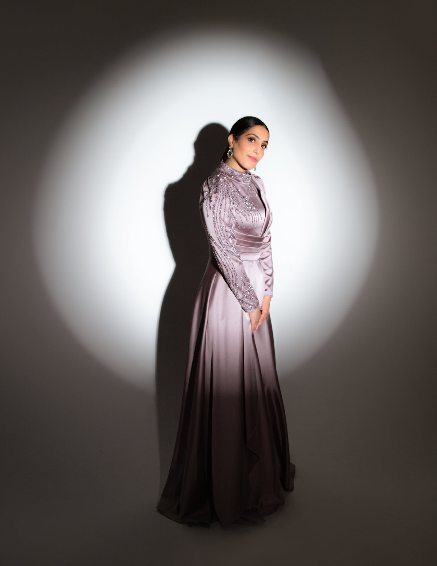 Modest Yasmina Jewelled Satin Gown - Lavender Rose