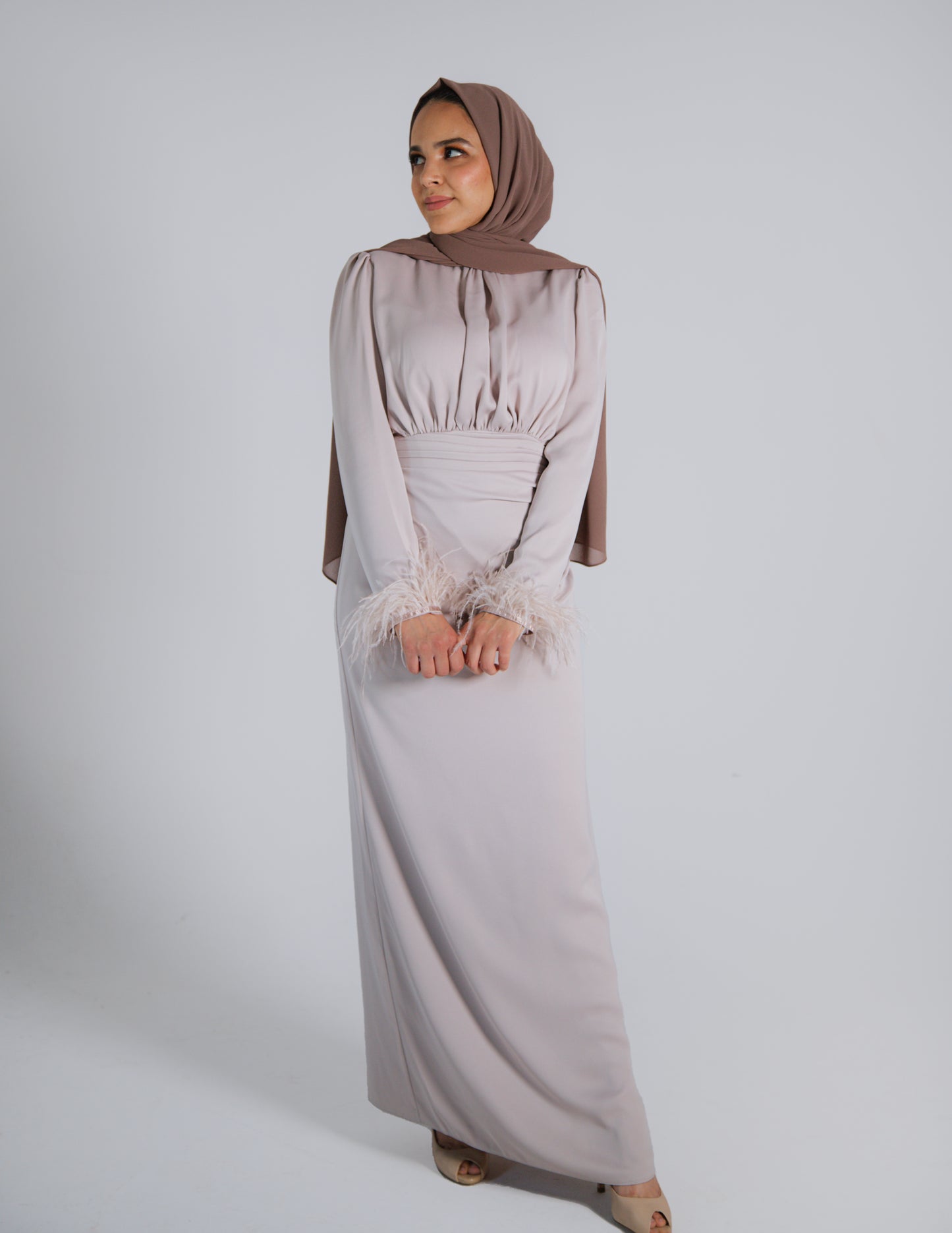 Modest Nora Feather Satin Maxi Dress - Latte