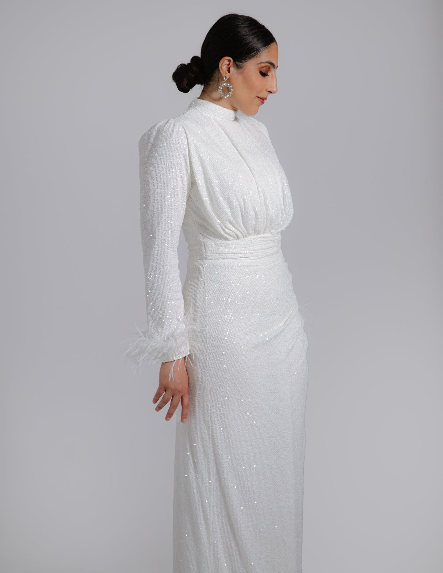 Modest Lara Feather Sequins Bridal Dress - White